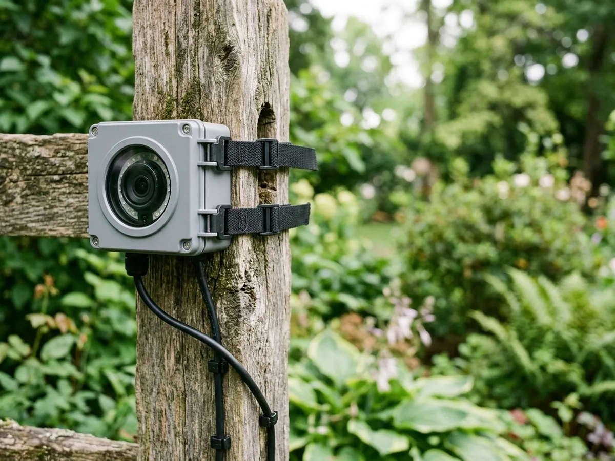 A small grey weatherproof camera enclosure strapped to a wooden fence post in a garden