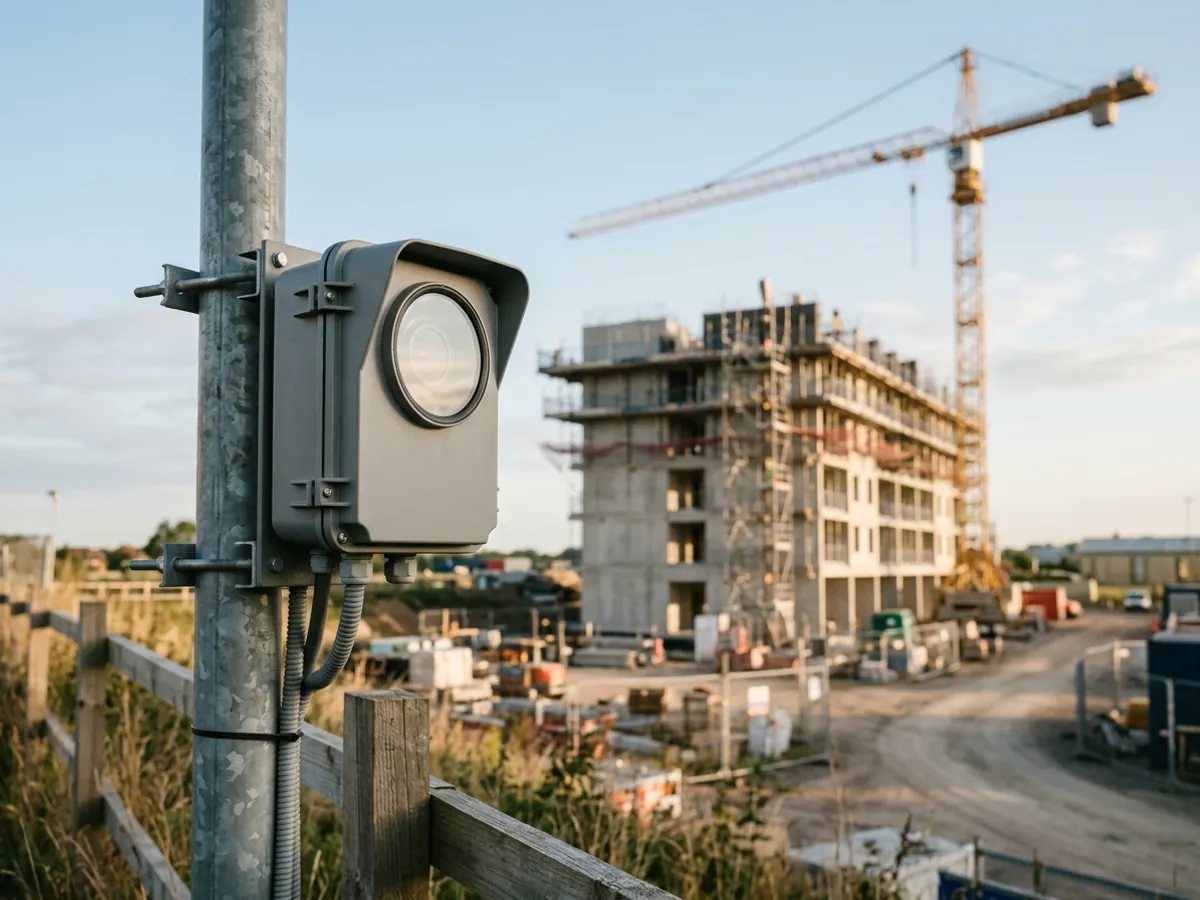A weatherproof time-lapse camera on a pole at the edge of a building site, with a crane and a half-built block behind it in early-morning light