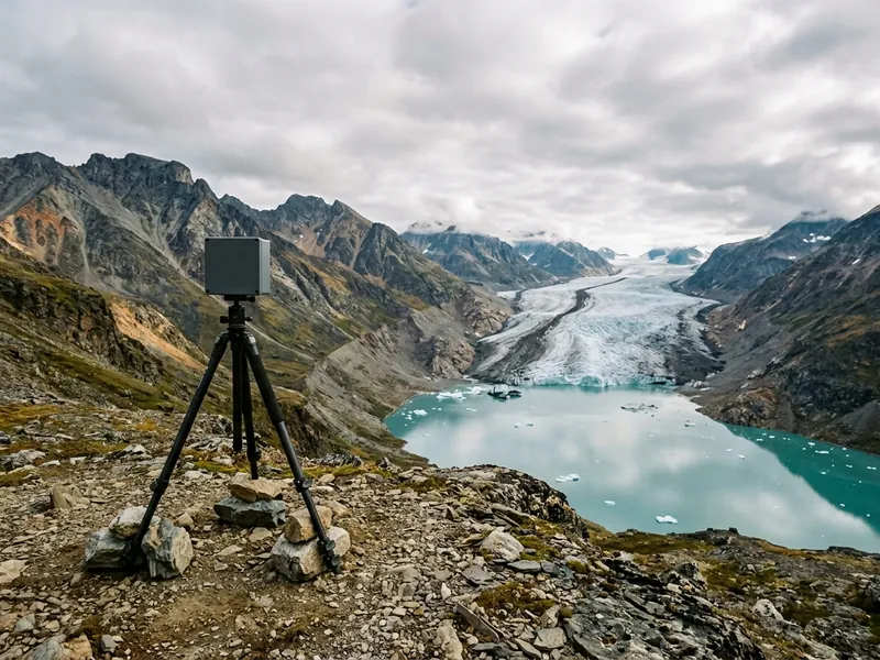A camera on a tripod weighted with rocks, overlooking a glacier and its meltwater lake